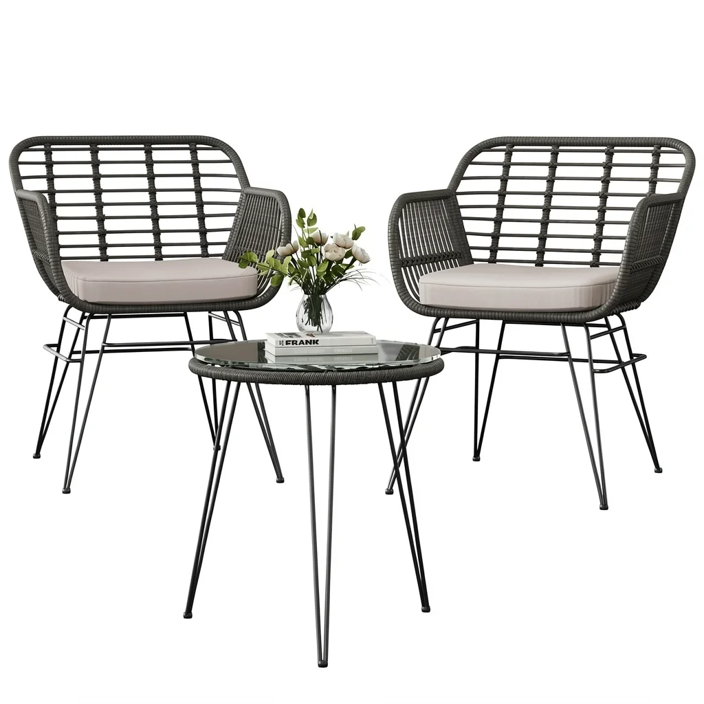 Bistroset tuin 3-delig rotan grijs met kussens