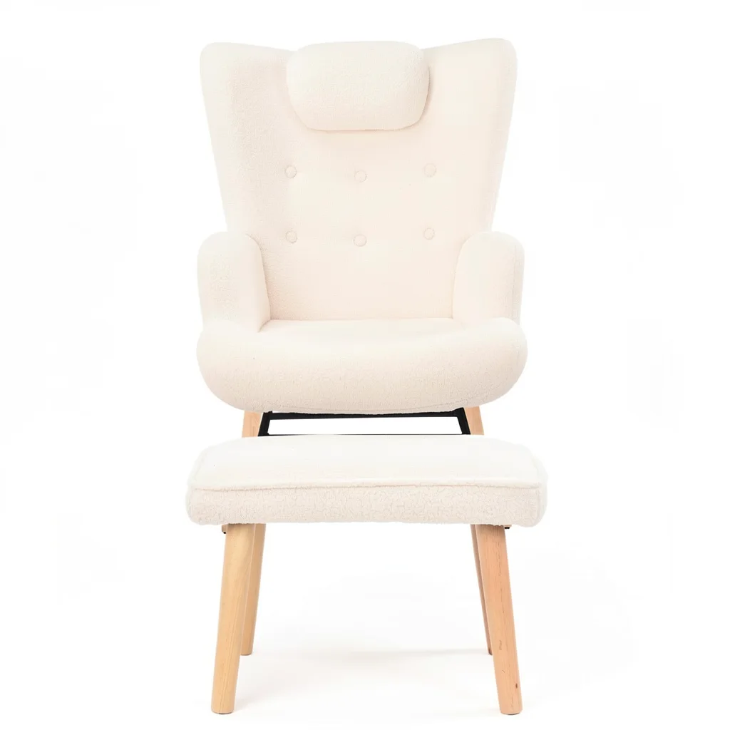 Schommelfauteuil teddyfluweel met voetenbank ivoor